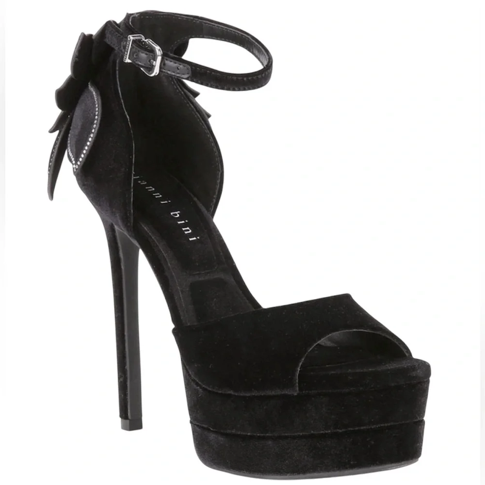 GIANNI BINI Karmello Velvet Flower Ankle Strap Black Platform Heels